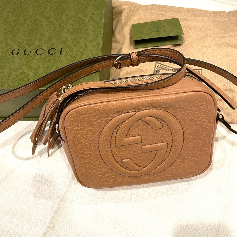 GUCCI Soho Small Leather Disco Bag Rose Beige Crossbody Tan Tassel EUC